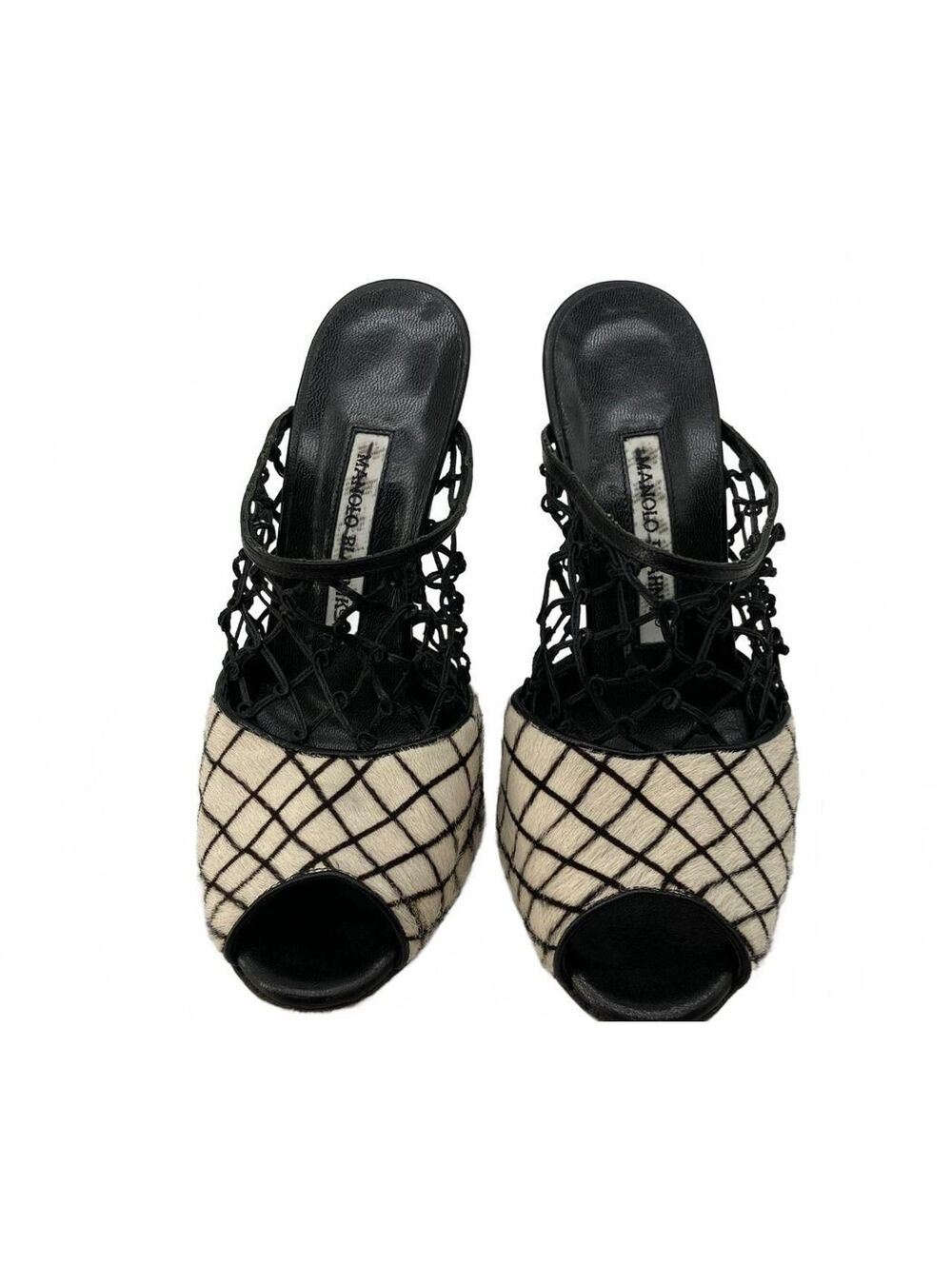 Manolo Blahnik Size 38 (7.5) Black and White Peep Toe Heels